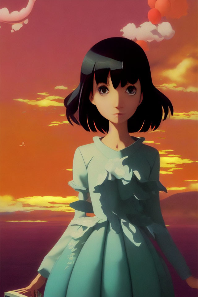 Digital artwork of animated girl in blue dress with black hair against dreamy sunset sky and calm sea