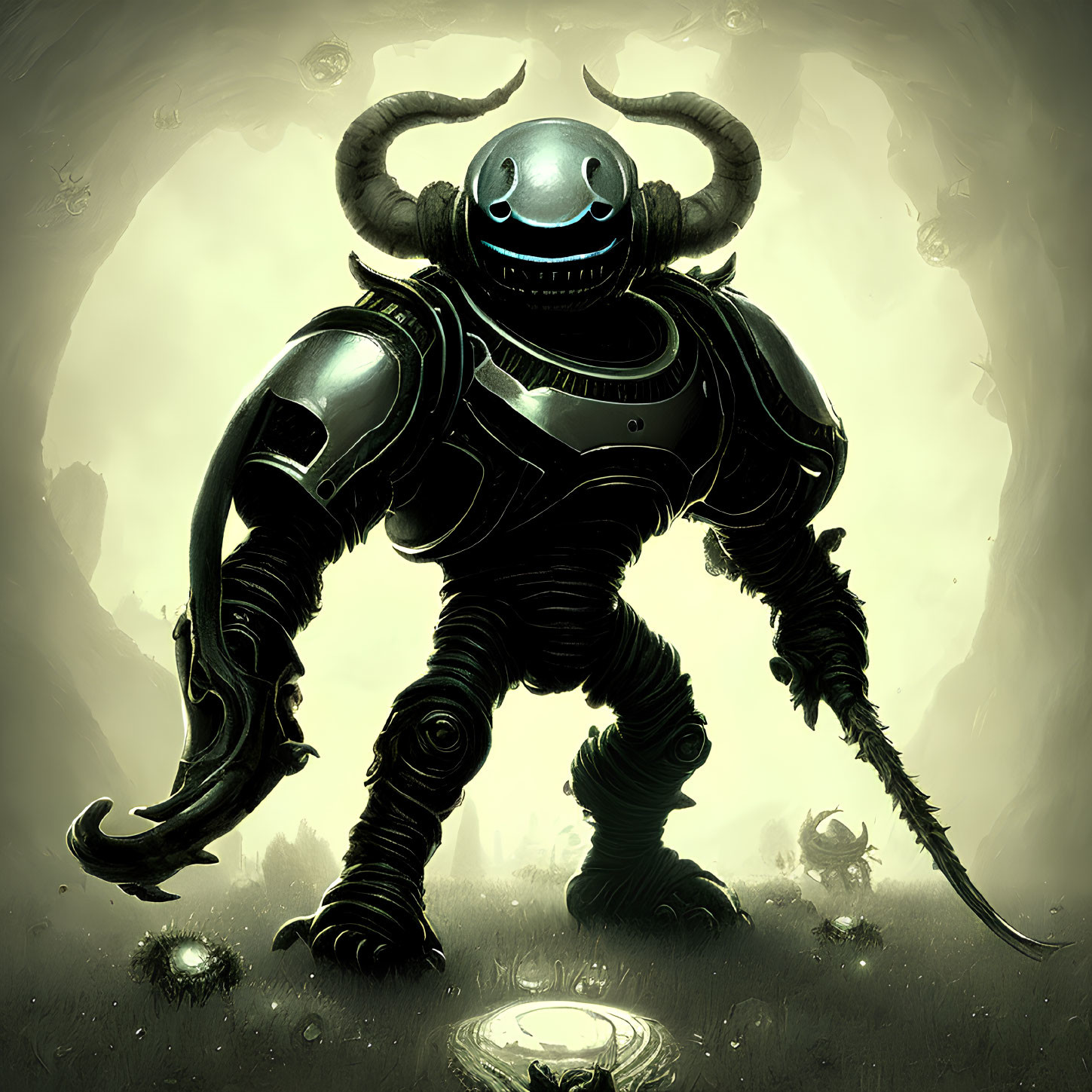 Armored figure with glowing eyes and large horns in misty landscape holding weapon