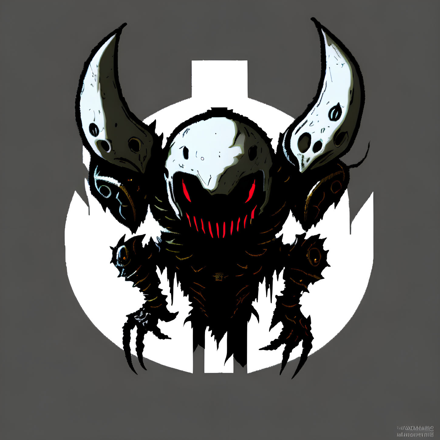 Stylized monster illustration with sharp horns and claws on crescent background