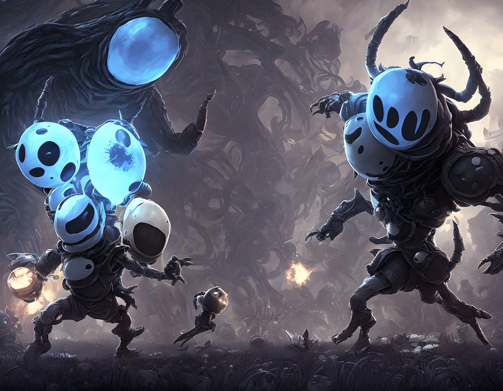 Armored beetle-like characters in epic battle in dark forest