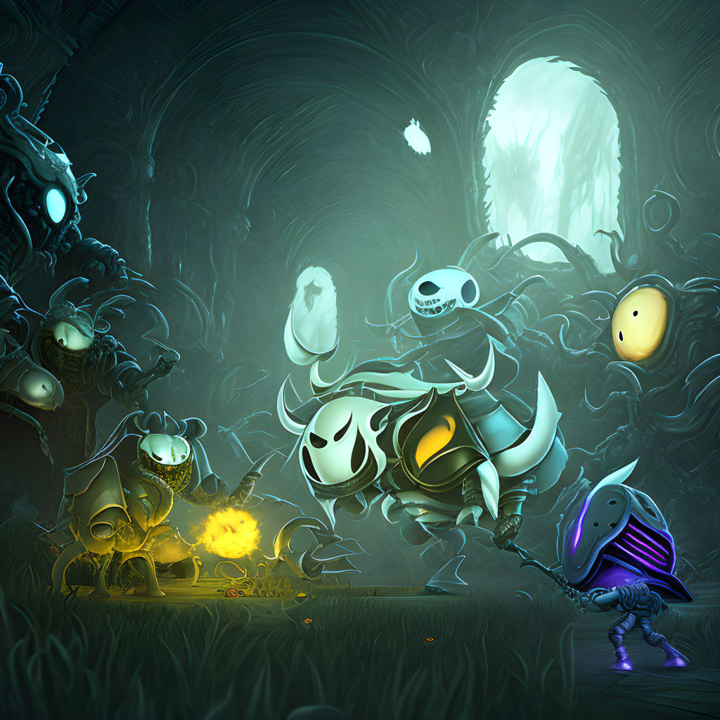 Fantastical battle scene with skeleton-like characters in a dark, eerie forest
