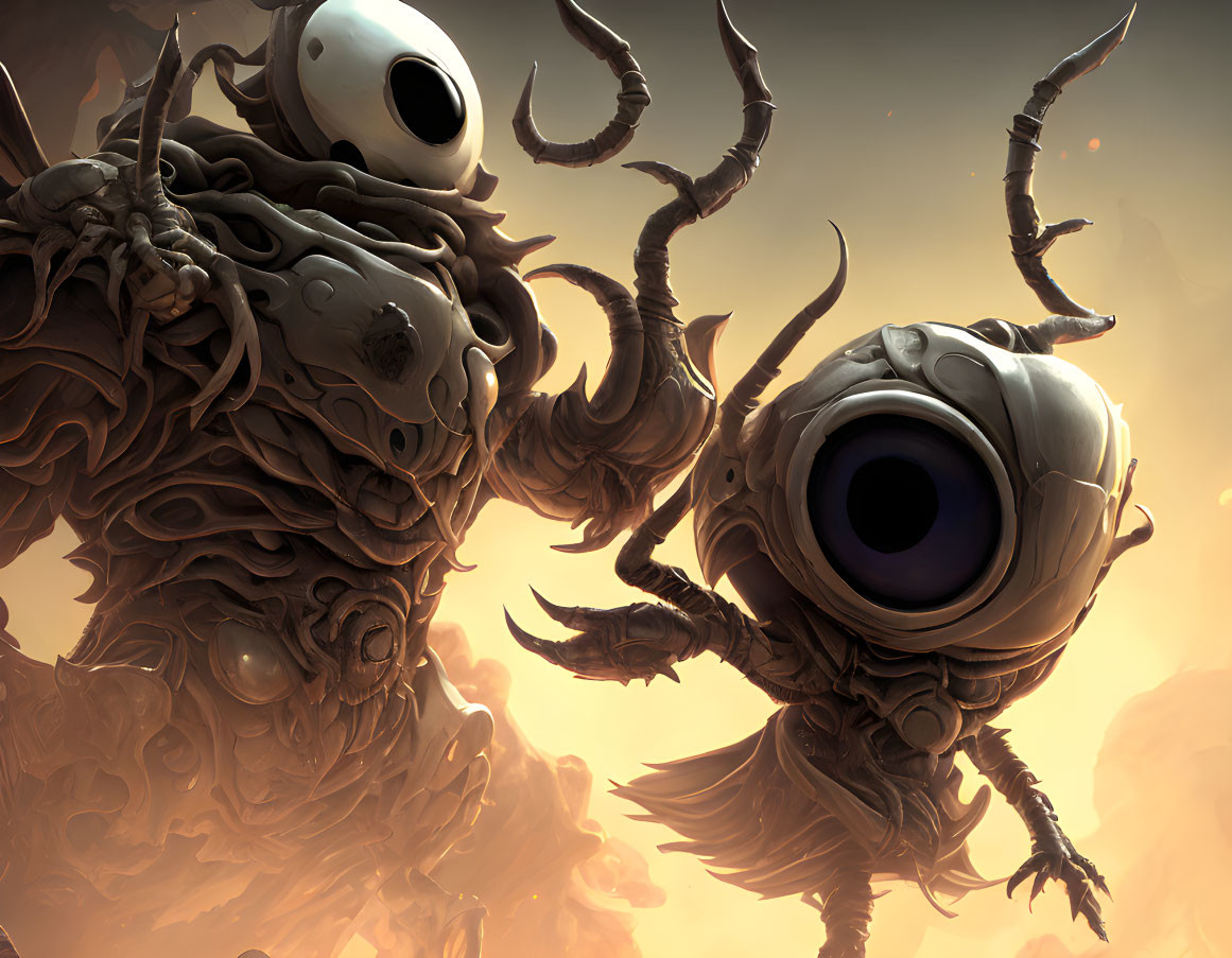 Surreal monstrous creatures with large eyes in sepia-toned setting