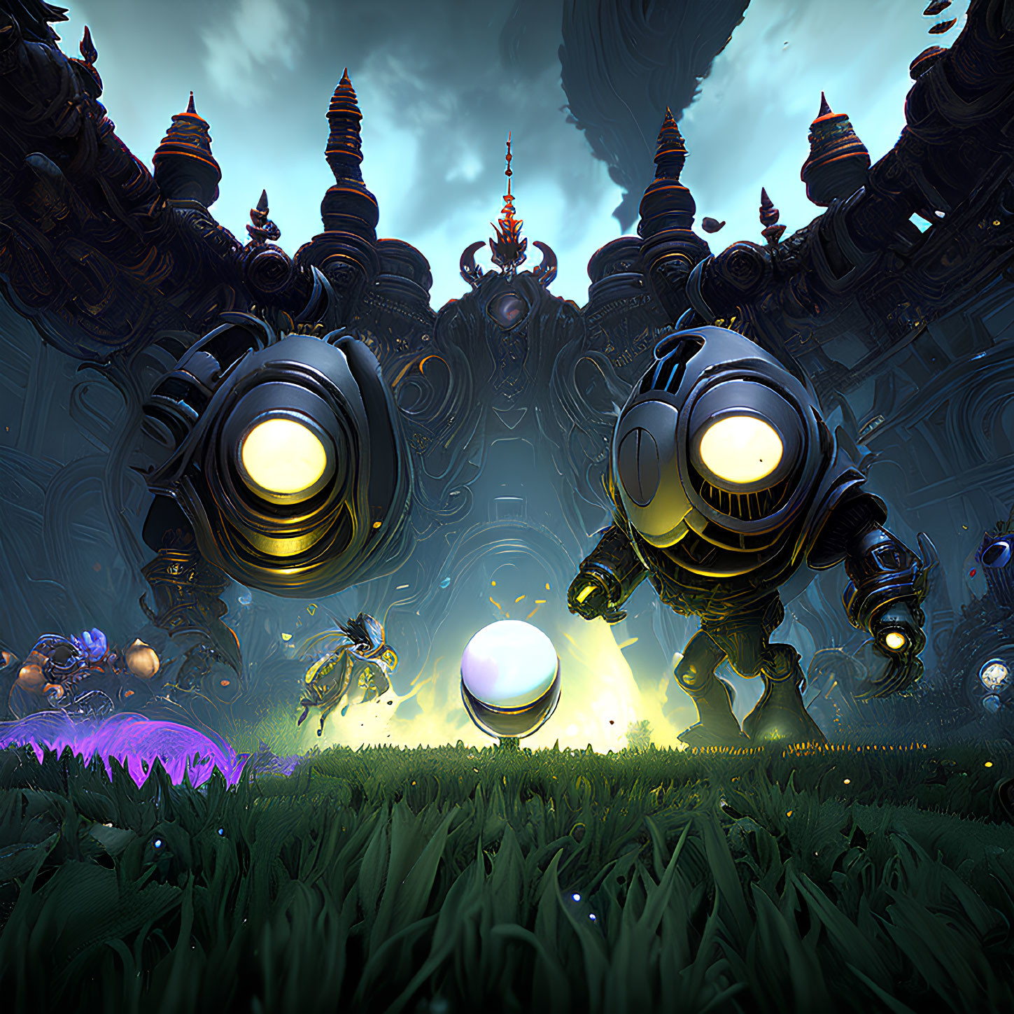 Glowing-eyed robots in mystical forest with alien flora and spires