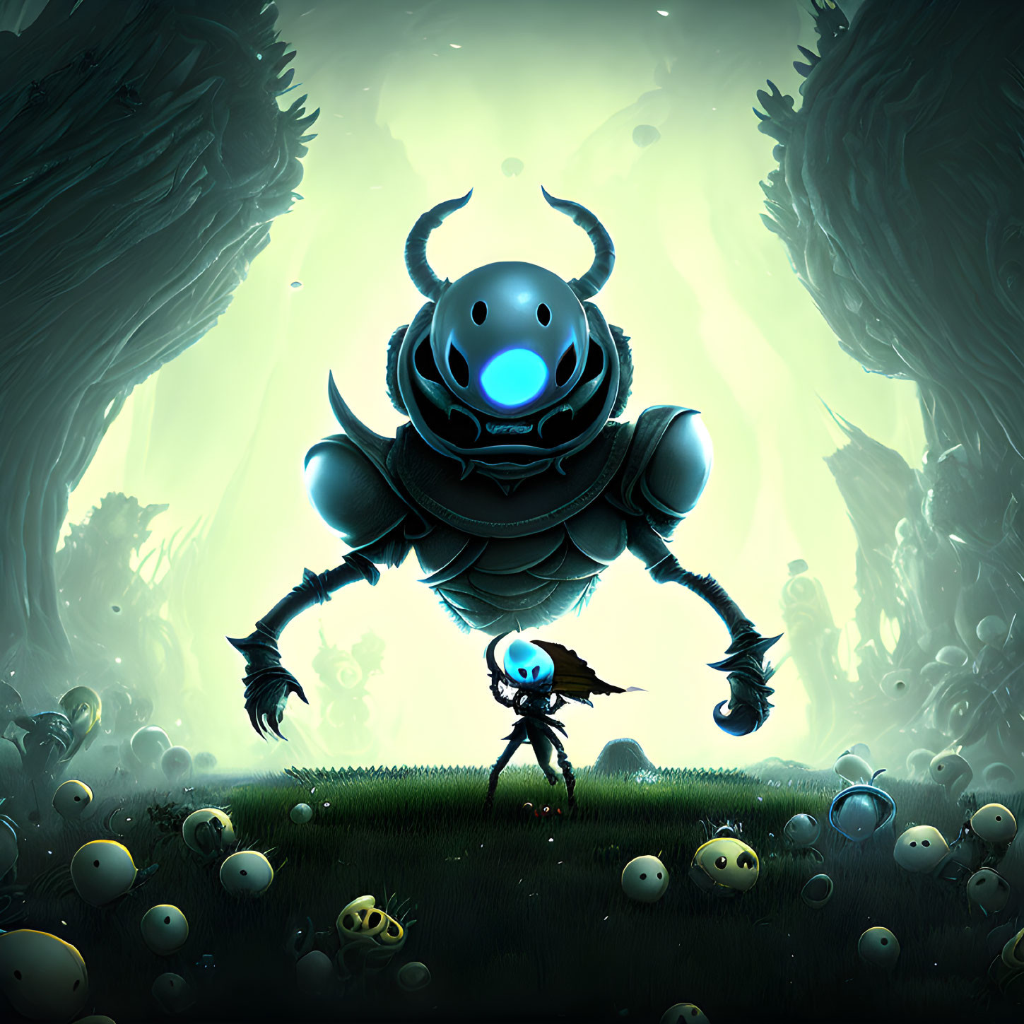 Illustration of humanoid character in cape with skull-like head in eerie forest with beetle-like creature and glowing