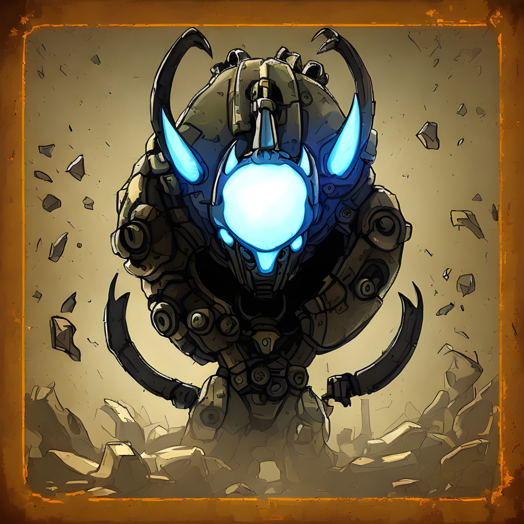 Stylized illustration of robotic creature with glowing blue eyes and horns in golden environment.