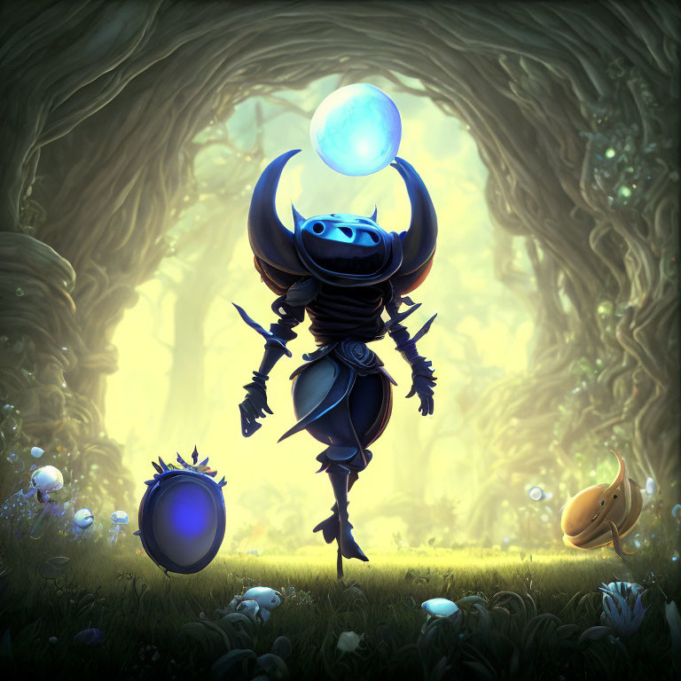 Bug-like knight with glowing orb in mystical forest with magical plants