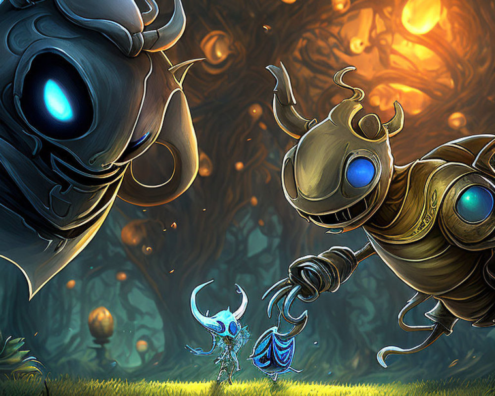 Stylized mechanical insects with glowing blue eyes in enchanted forest at sunset