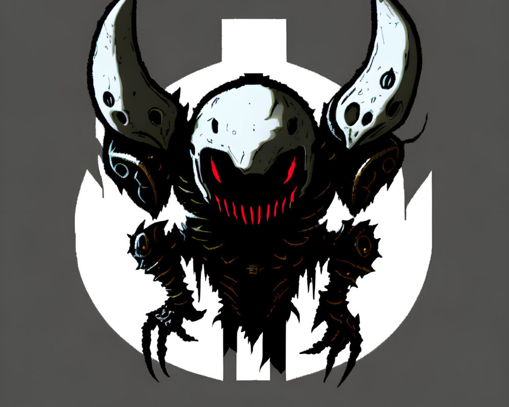 Stylized monster illustration with sharp horns and claws on crescent background