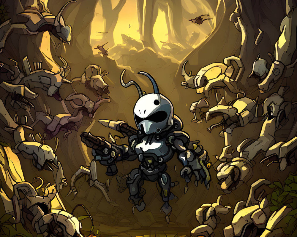 Small knight in cavern with bug-like creatures and fiery orange light