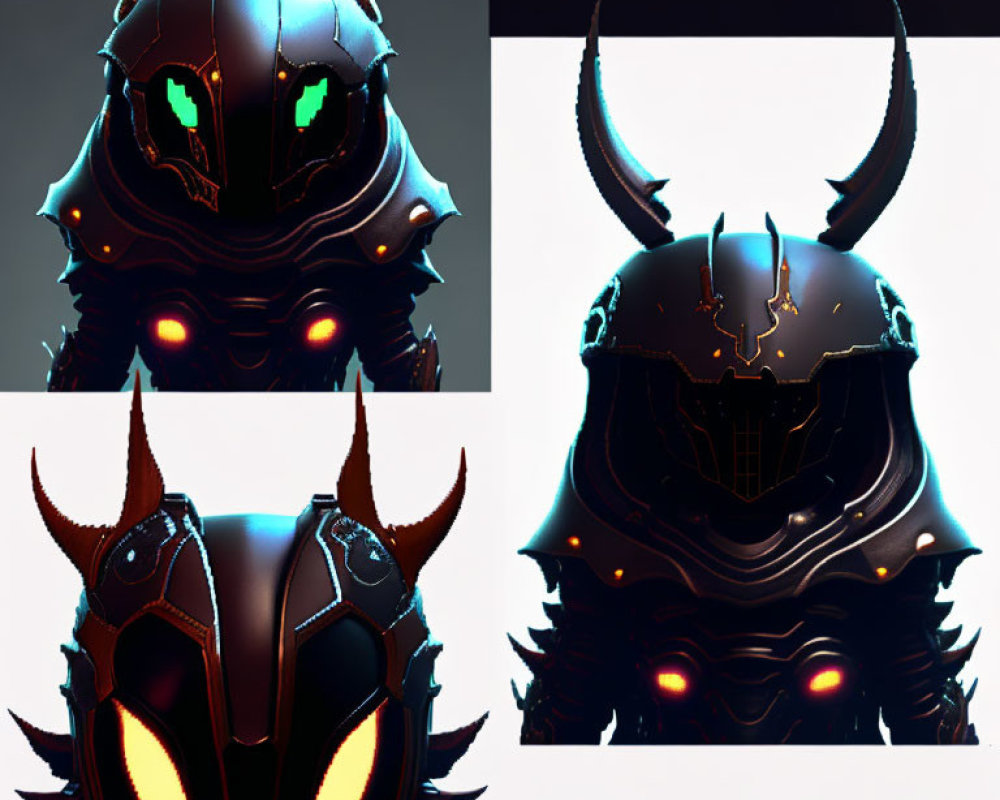 Stylized helmet with glowing eyes and horns in menacing and futuristic designs