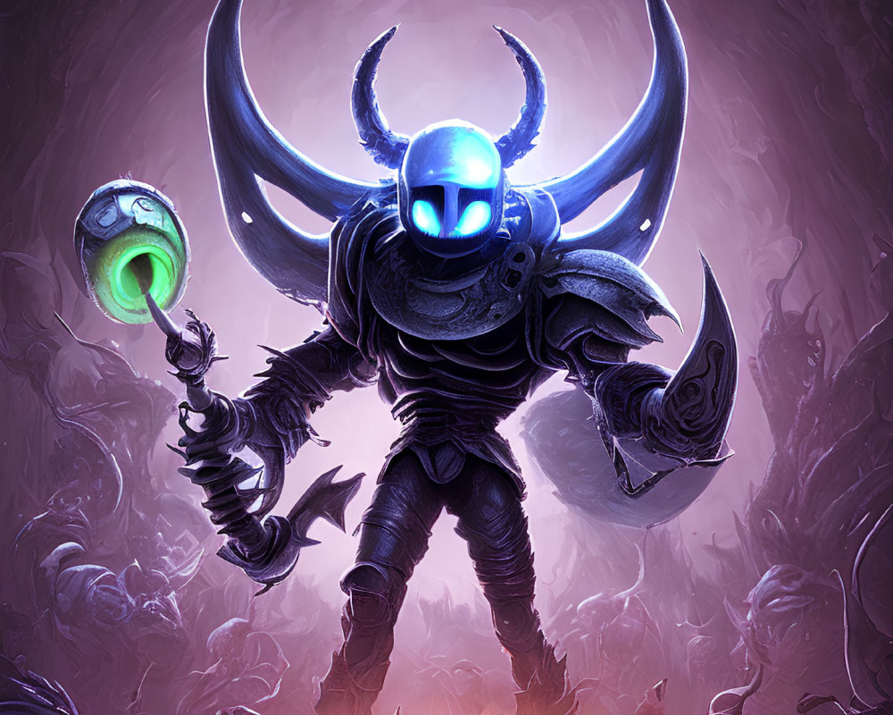 Armored figure with glowing eyes holds green orb and curved blade in purple mist