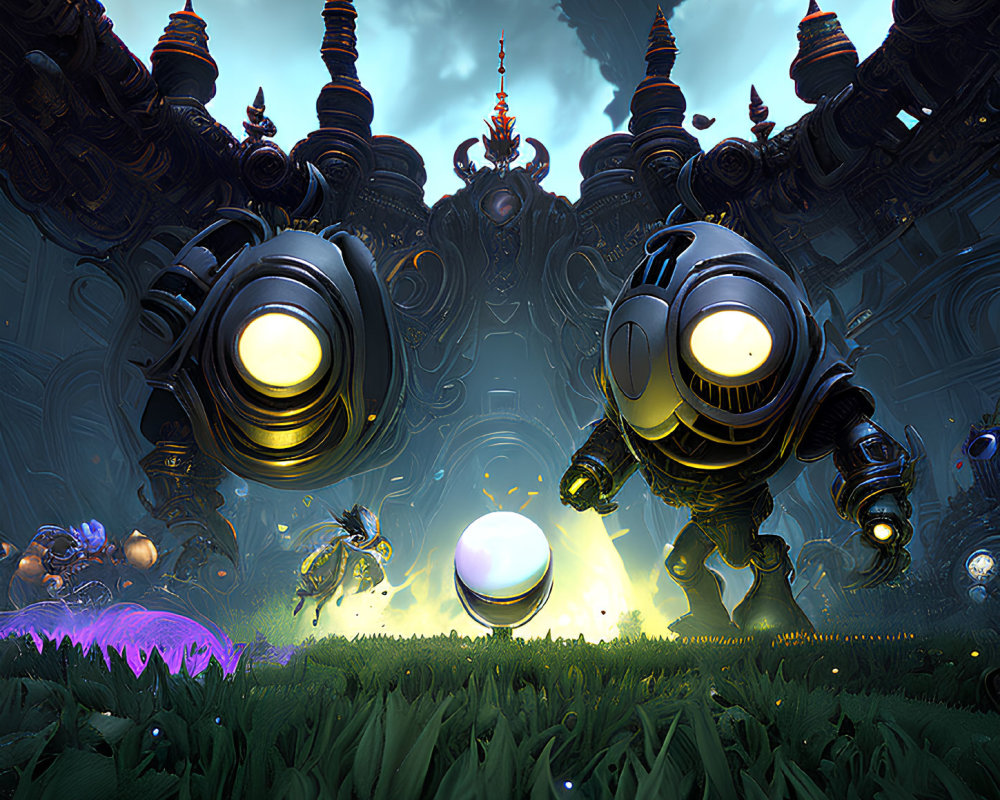 Glowing-eyed robots in mystical forest with alien flora and spires