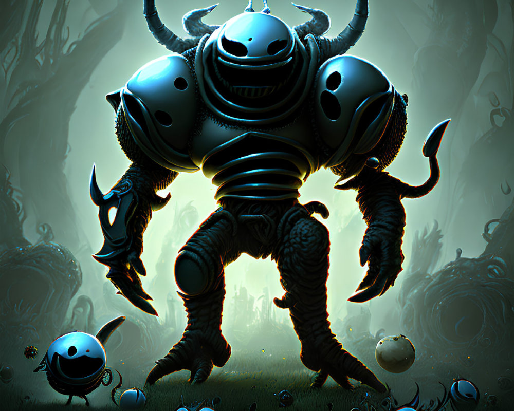 Menacing robotic creature with horns and clawed limbs in dark forest scene