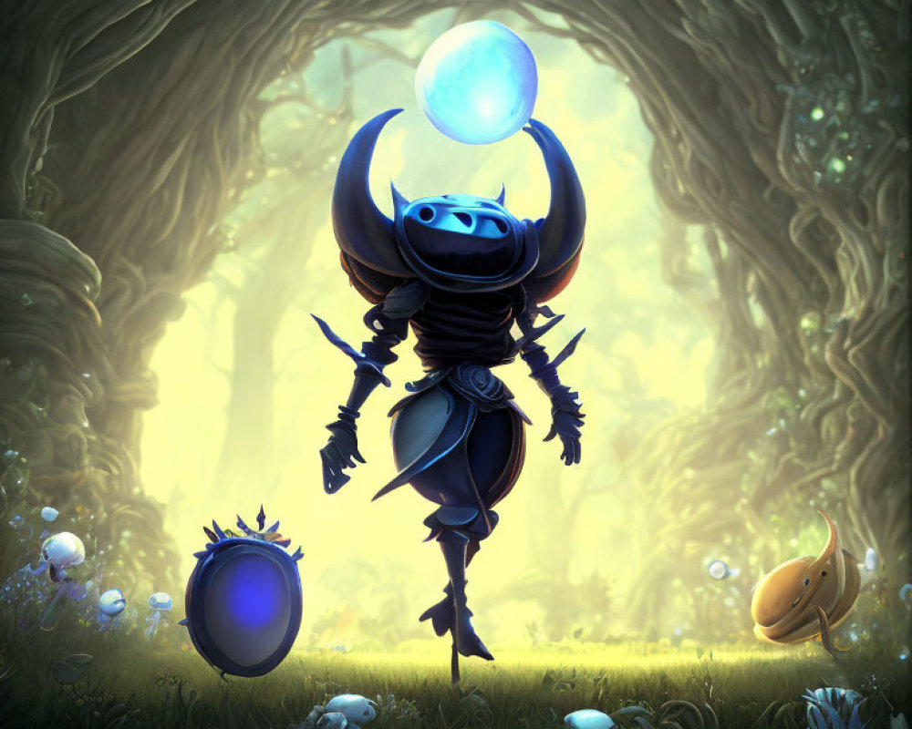 Bug-like knight with glowing orb in mystical forest with magical plants