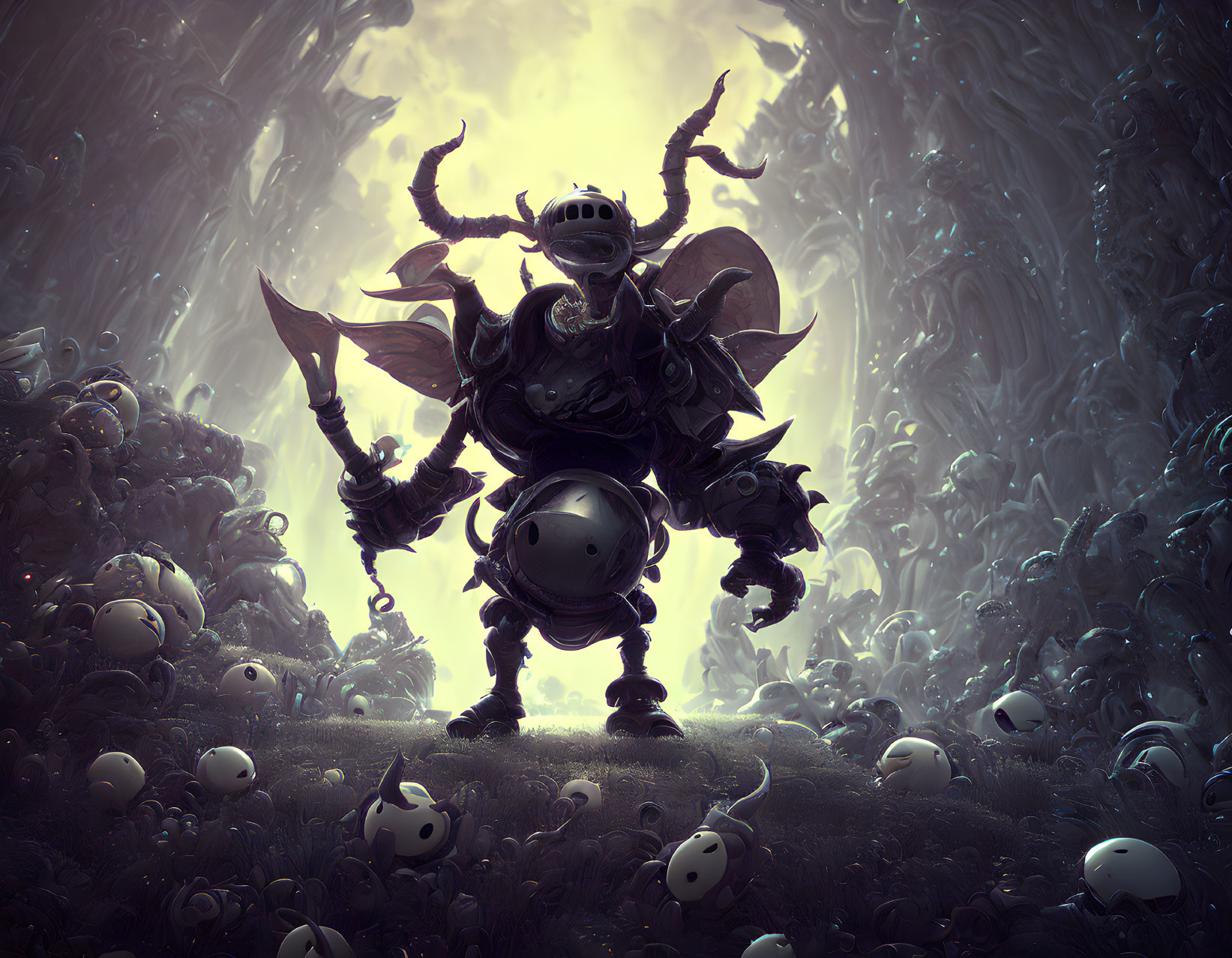 Armored knight with insect-like features in moody environment.
