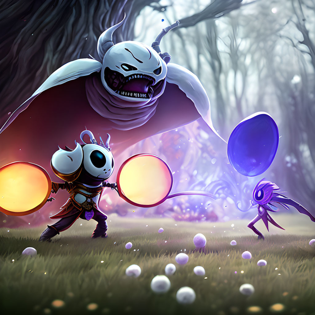 Fantasy illustration of small knight, large creature, and mysterious figure in mystical forest.