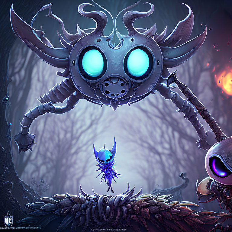 Stylized creature with large blue eyes in eerie forest scene