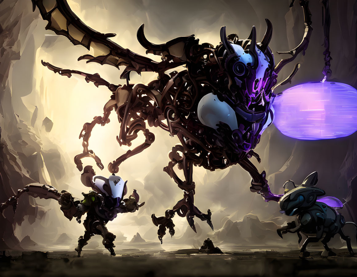 Mechanical Bull Creatures with Purple Accents in Cave Setting