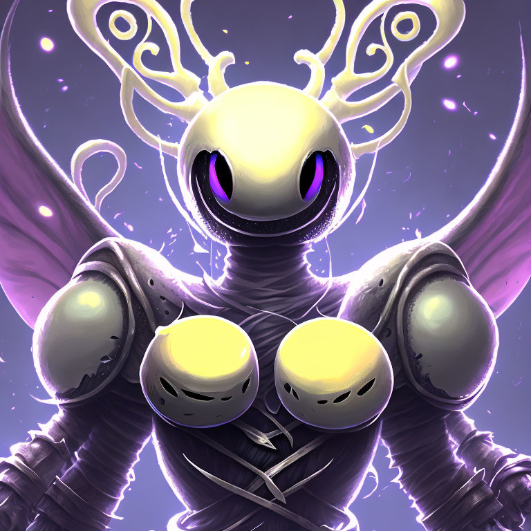 Fantastical creature with yellow eyes, ornate antlers, and metallic body on purple background