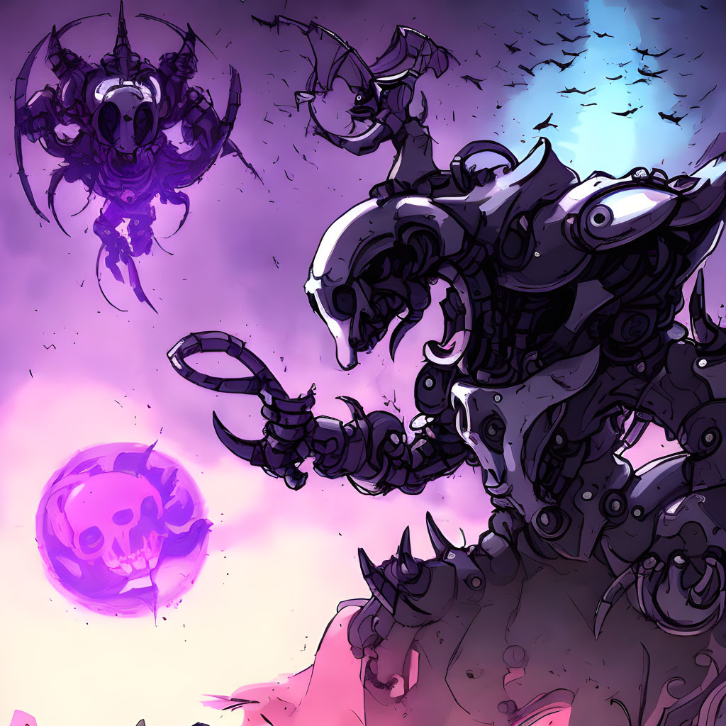 Colorful robotic creatures under purple and pink sky with skull-like orb