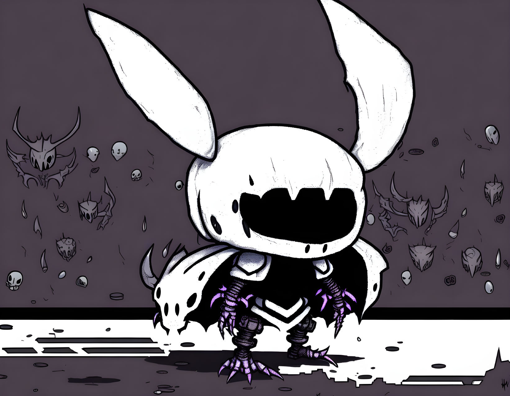 Monochrome illustration of menacing rabbit creature with skulls and symbols