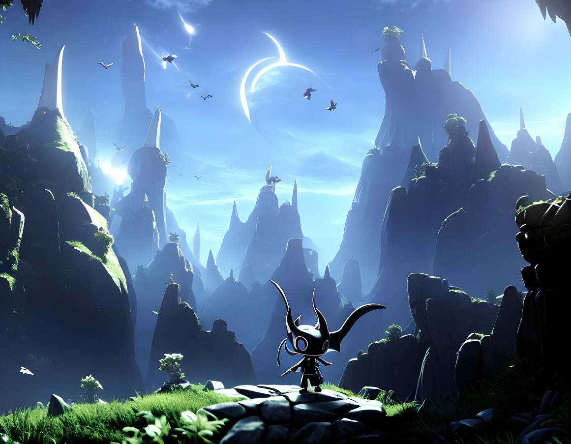 Stylized character in mystical landscape with crescent moon and soaring birds