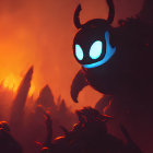 Stylized image of two robotic figures in fiery orange environment