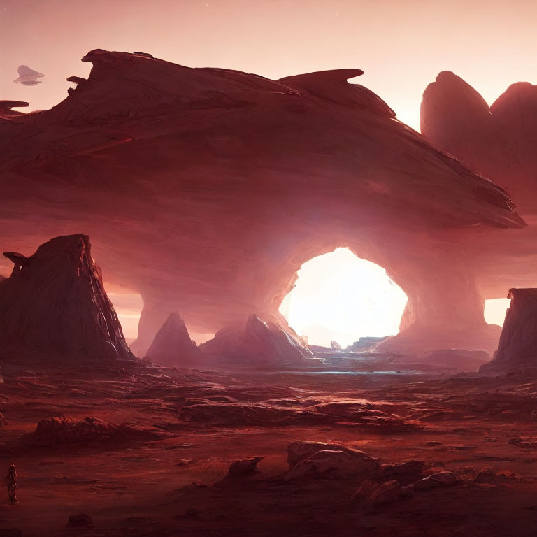 Barren alien landscape with natural arch, figure, and red rocks