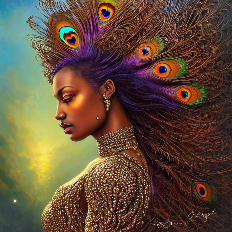 Profile portrait of woman with peacock feather hair and gold attire on warm blurred background