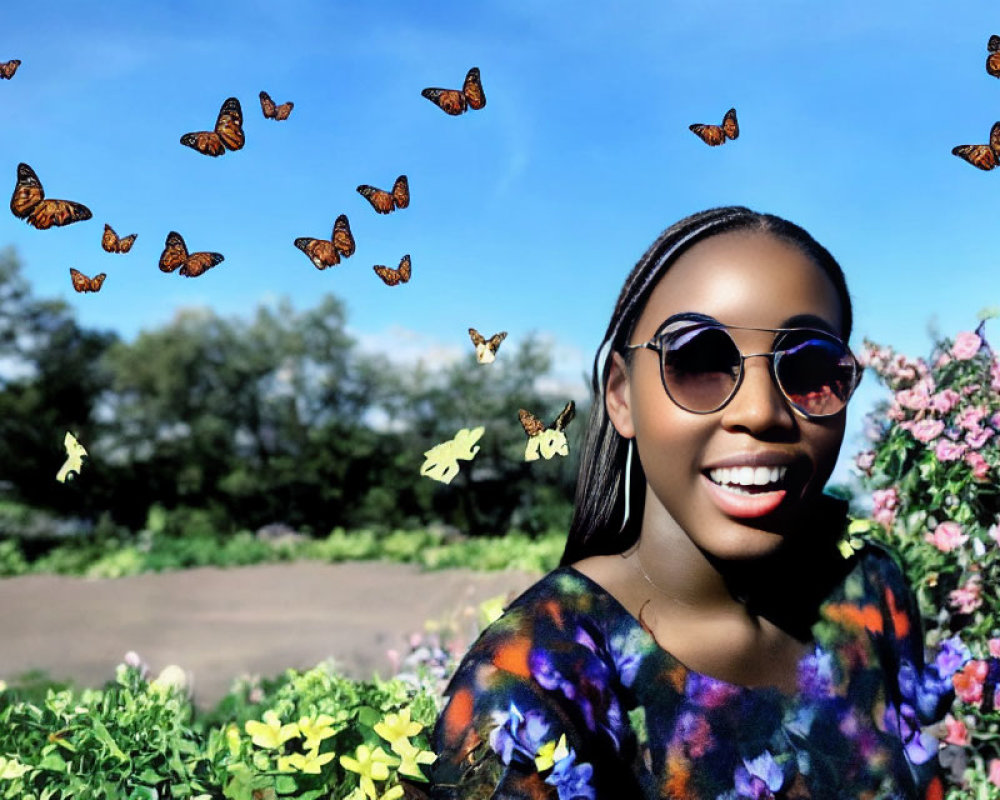 Smiling woman with sunglasses surrounded by butterflies and flowers
