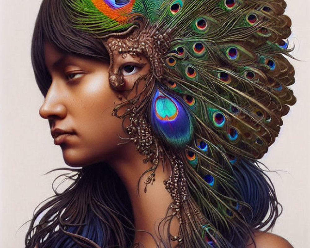 Profile of woman with colorful peacock feather headdress blending into dark hair