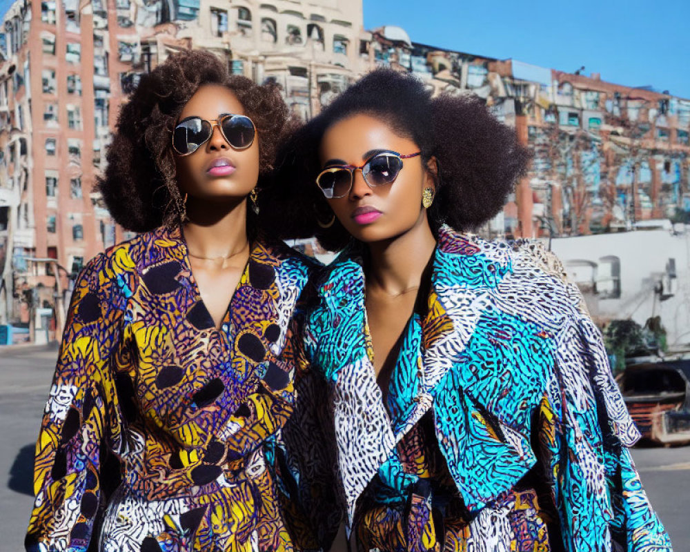 Fashionable women in afro hairstyles and sunglasses posing in city setting