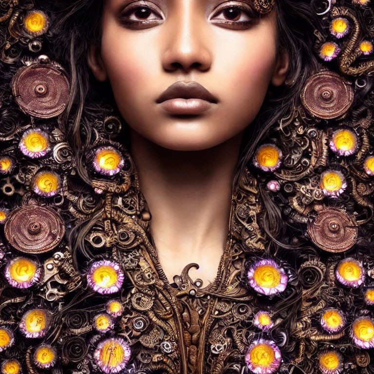 Dark-Eyed Woman in Ornate Floral Metallic Collar with Gold, Purple, and Yellow H