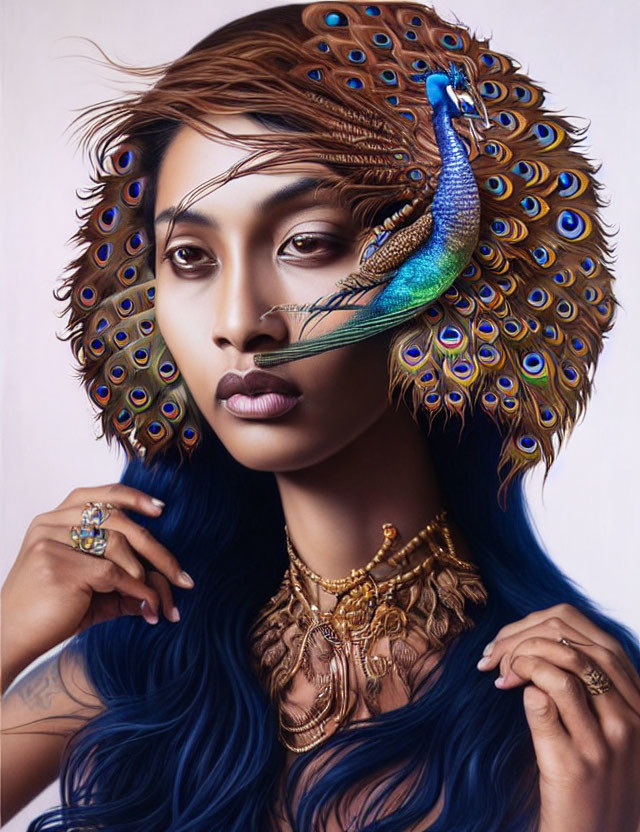 Woman with Blue Hair and Peacock Feathers, Wearing Peacock Earring