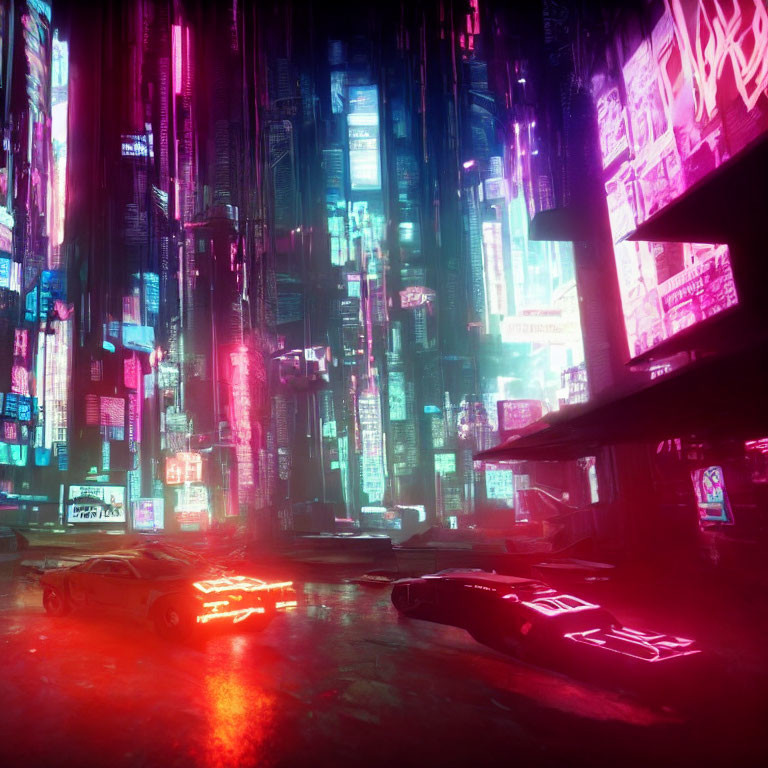Futuristic neon-lit cityscape with flying cars and skyscrapers