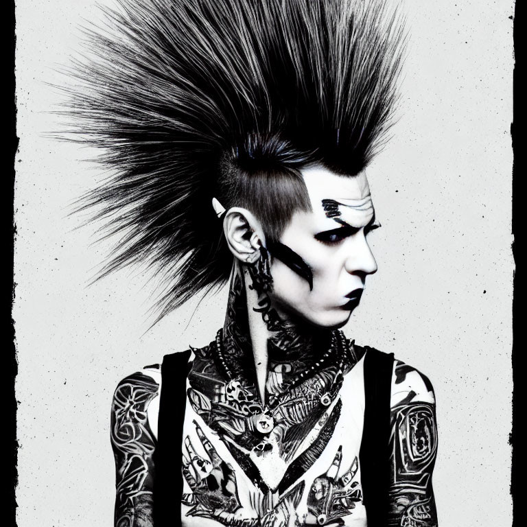 Portrait of a person with dramatic mohawk and full-body tattoos in punk style