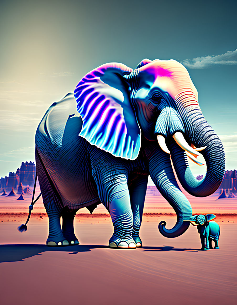 Digitally altered surreal desert landscape with elephants in blue and pink hues
