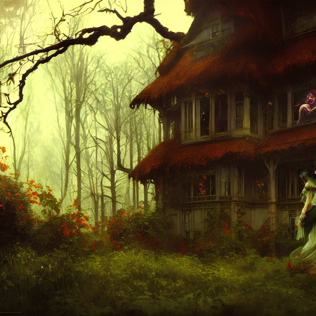 Enchanting forest with red flowers and mystical house with ethereal women