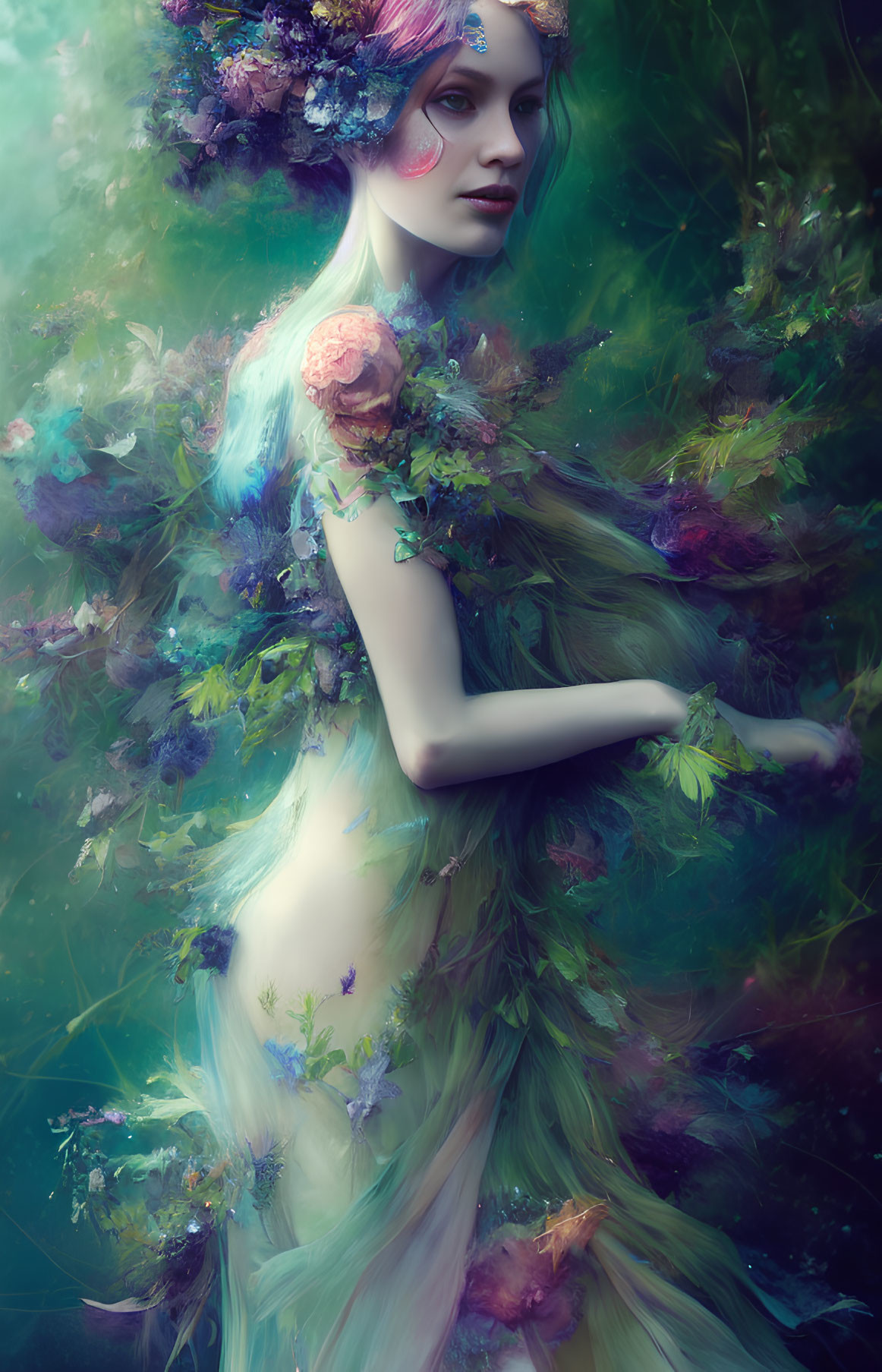 Woman merged with floral elements in vibrant blues and greens