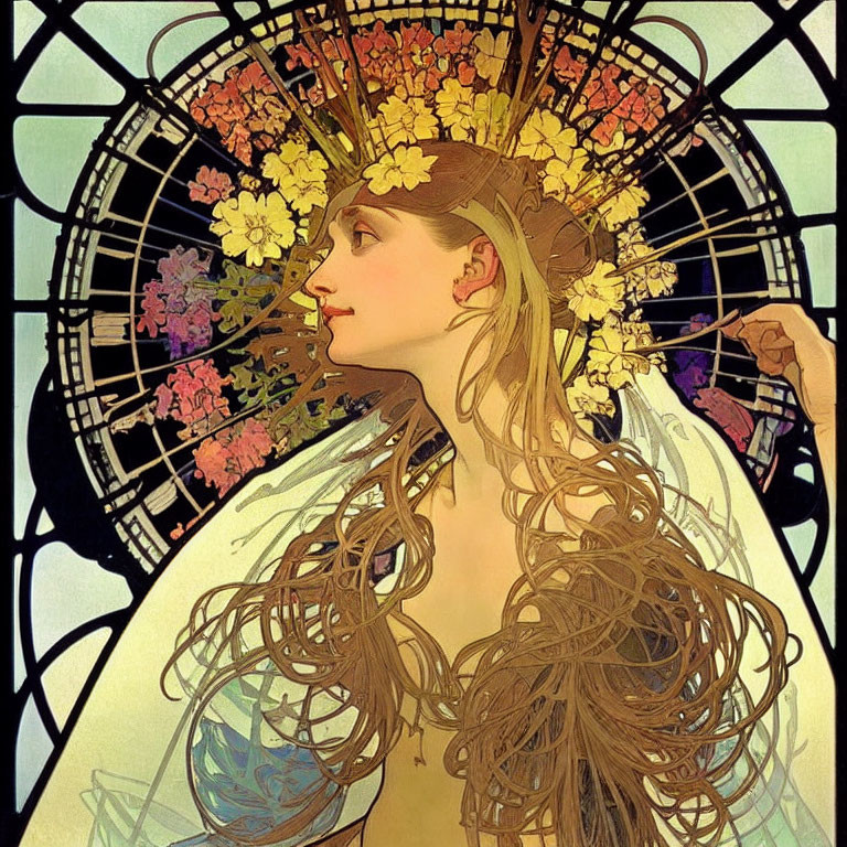 Woman with flowing hair and floral adornments in Art Nouveau style illustration.
