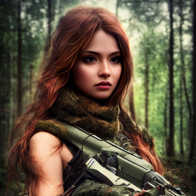 Red-haired woman with fur collar wields futuristic weapon in forest setting