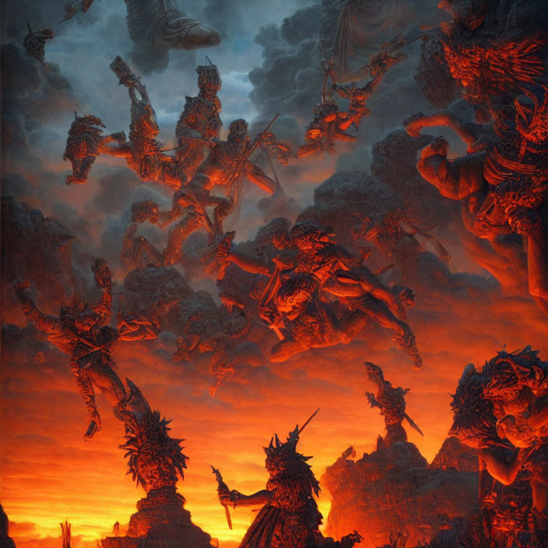 Apocalyptic scene with fiery skies and monstrous warriors in intense battle
