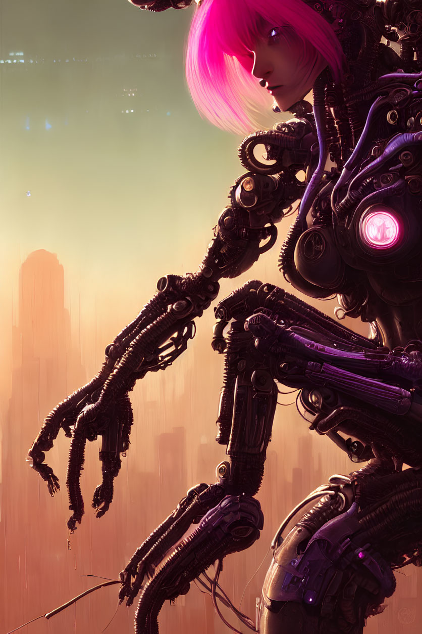 Pink-haired robotic figure gazes over cityscape in warm light