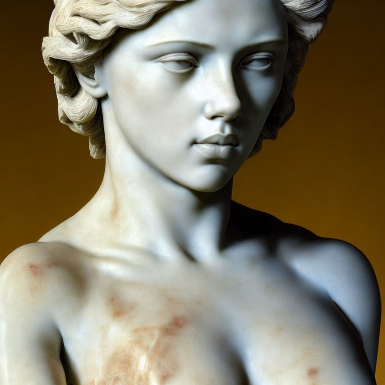 Classical sculpture of person with detailed curly hair and serene expression