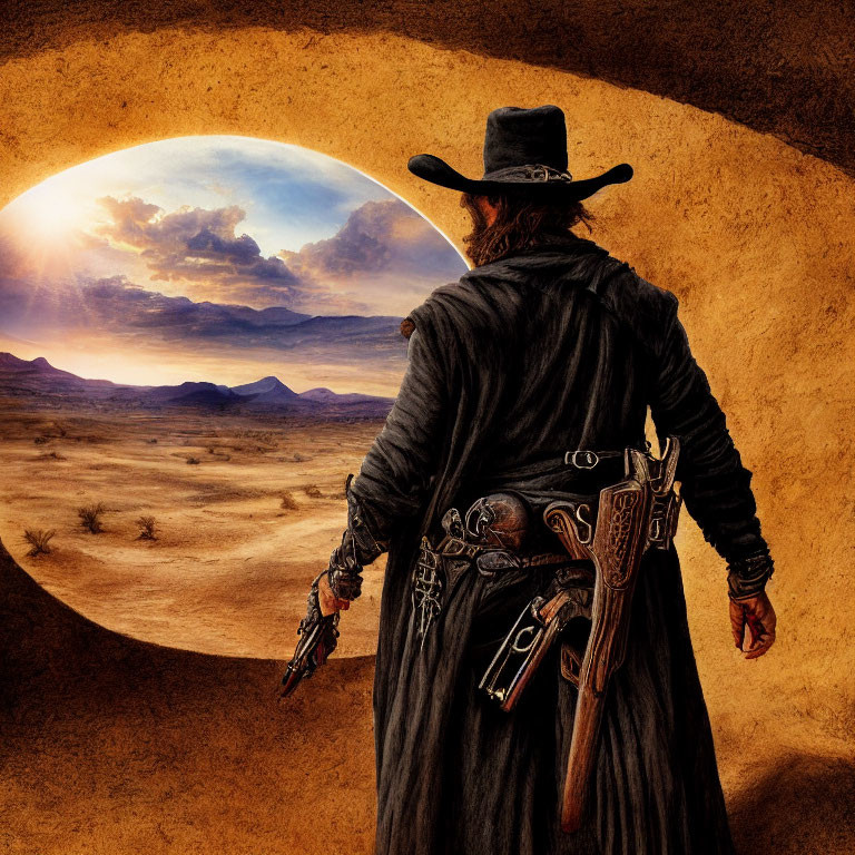 Cowboy standing at arched entrance overlooking vast desert landscape