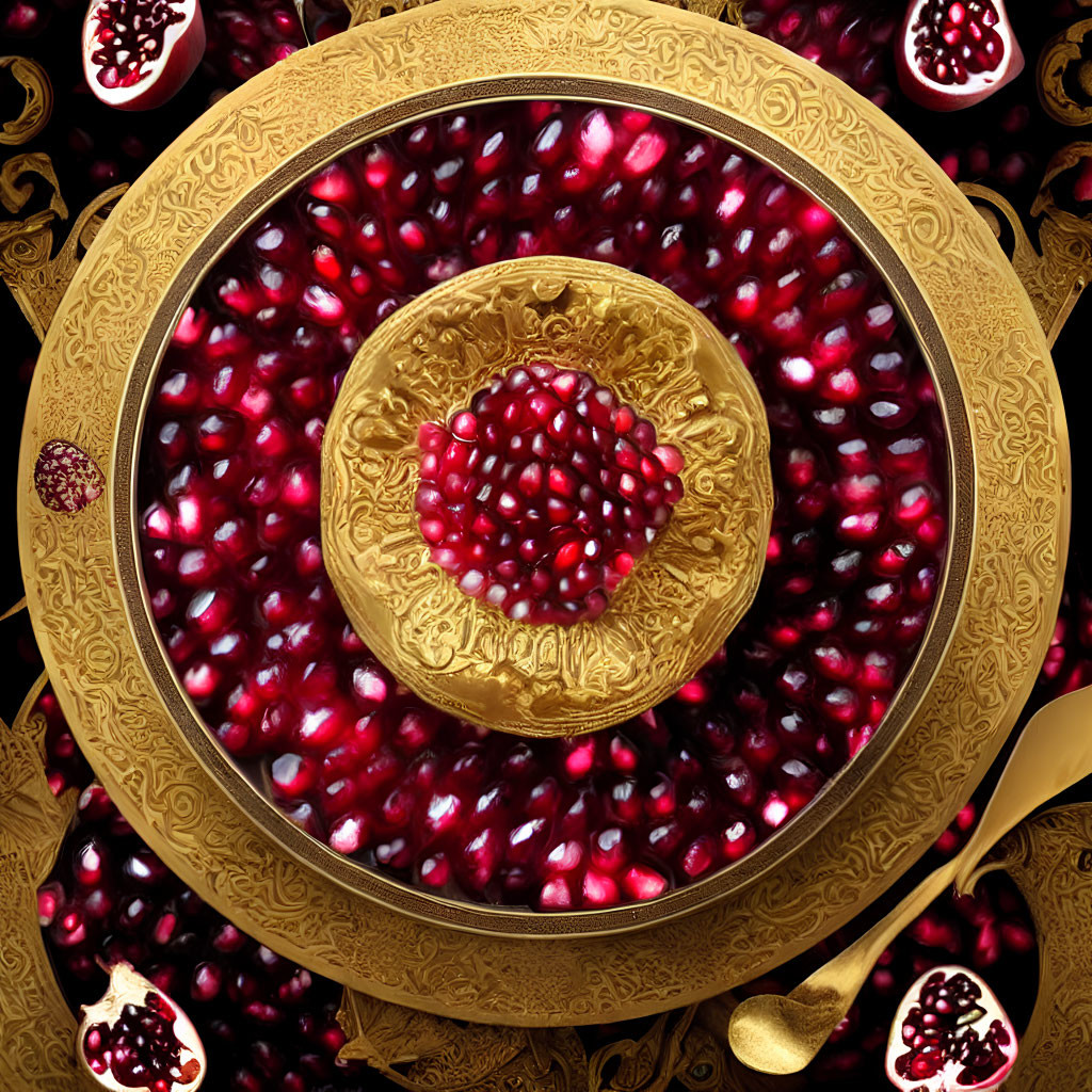 Golden Plate with Pomegranate Seeds in Heart-Shaped Formation