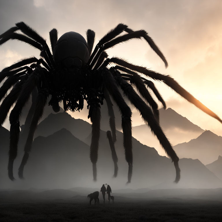 Giant Spider Robot overlooks misty mountain landscape at sunset