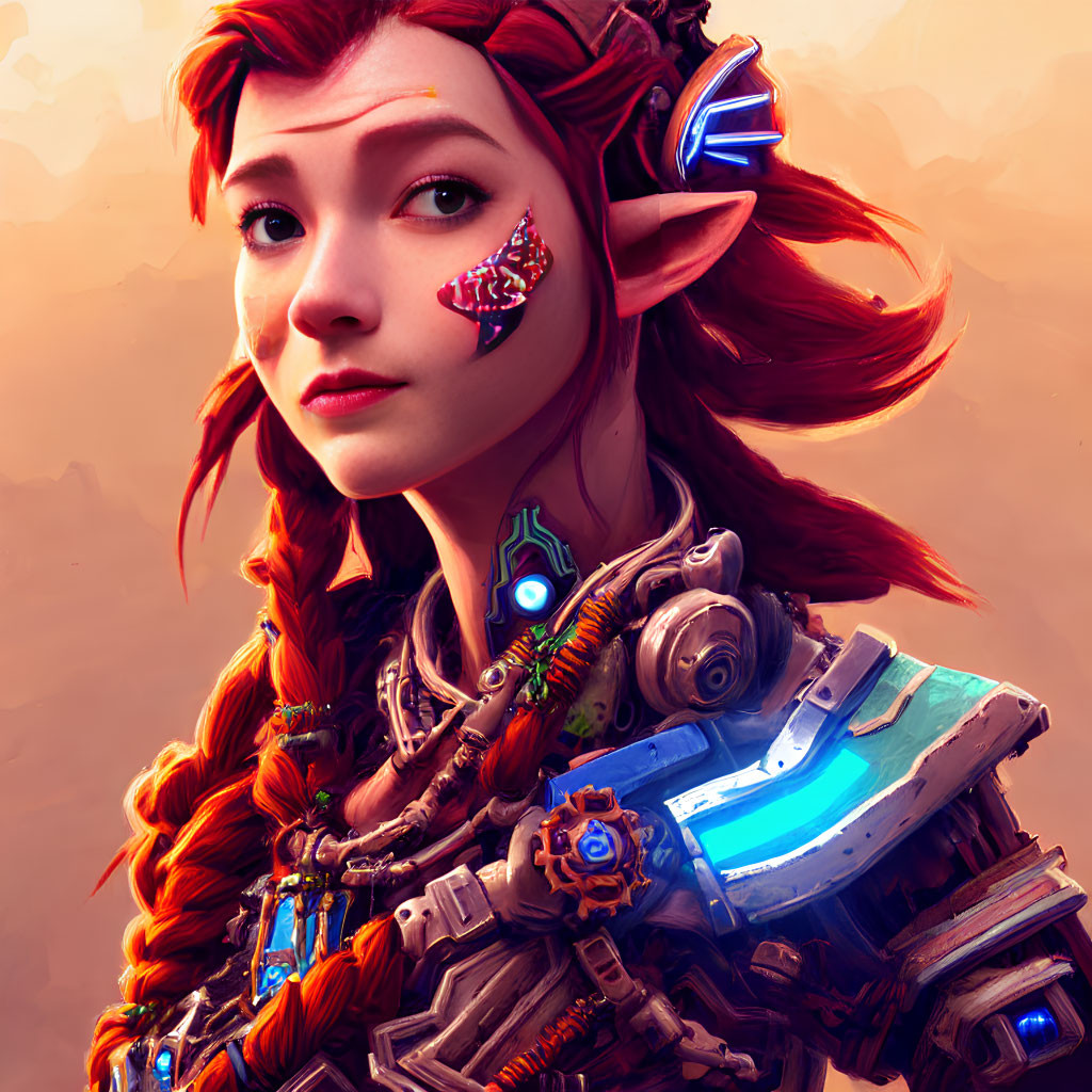 Futuristic red-haired female elf with cybernetic enhancements in futuristic armor