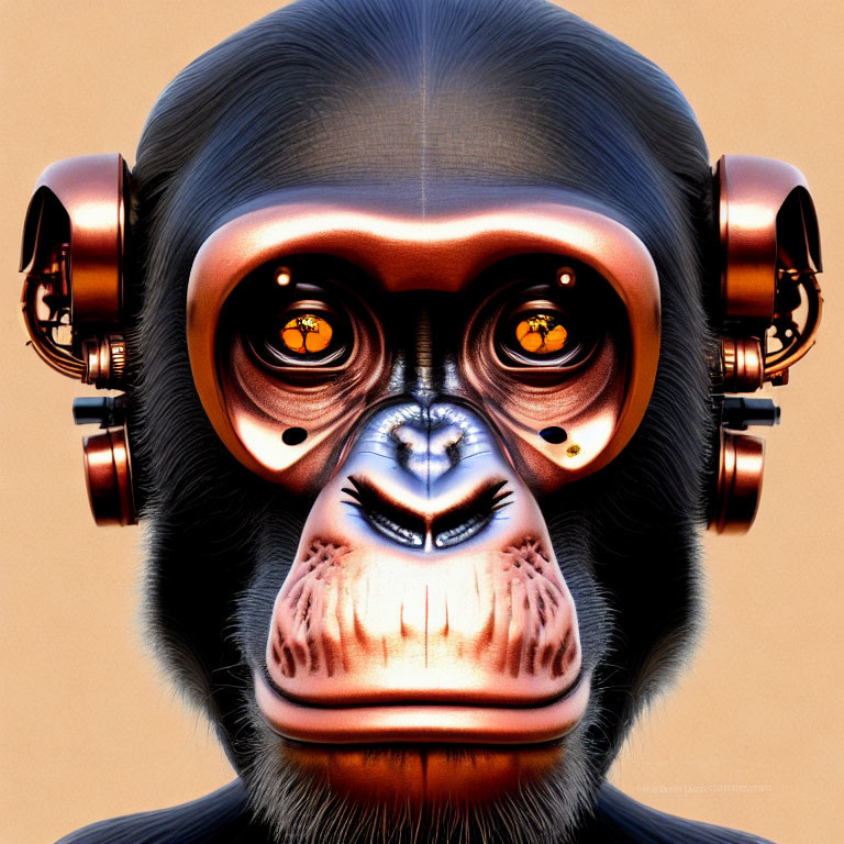 Chimpanzee head with orange eyes and metallic headphones on tan background