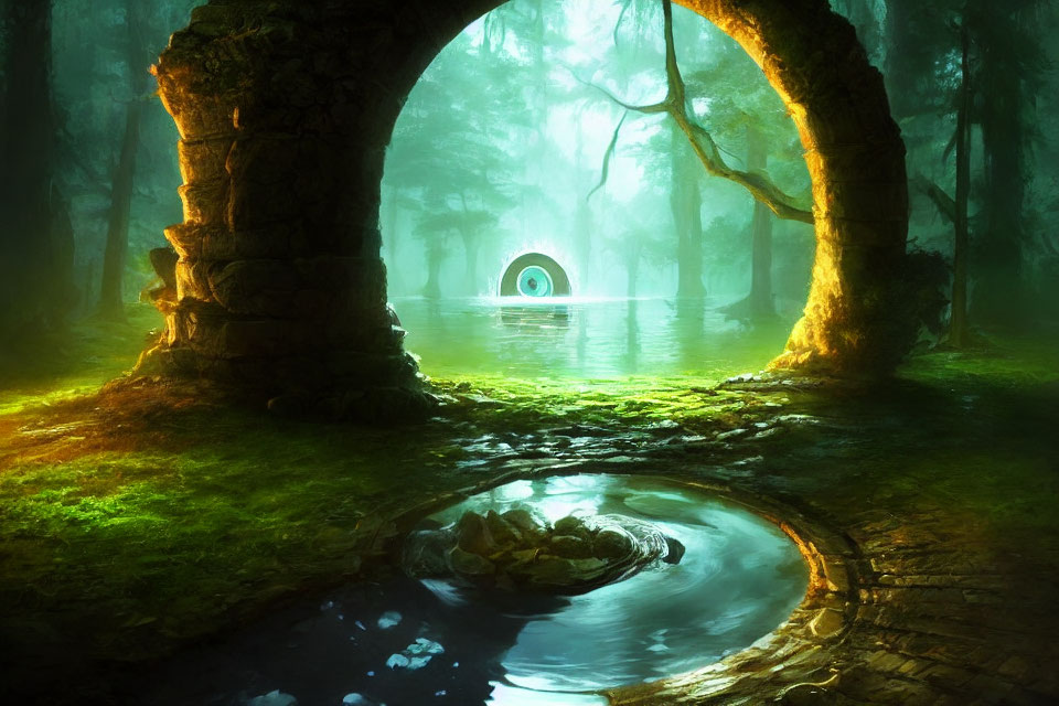 Tranquil forest scene with archway and pond under ethereal light